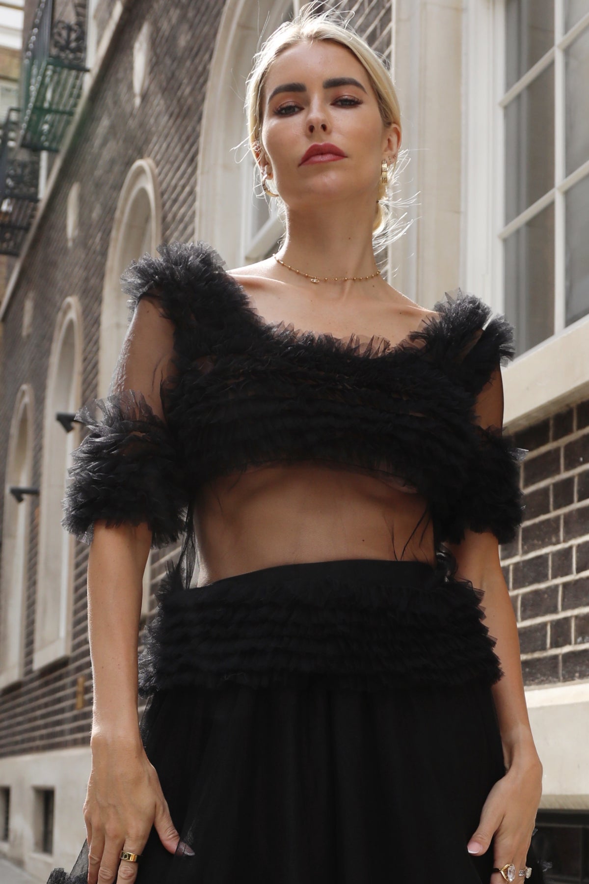 Statement Ruffle Tulle Pull-On Crop Top in Black