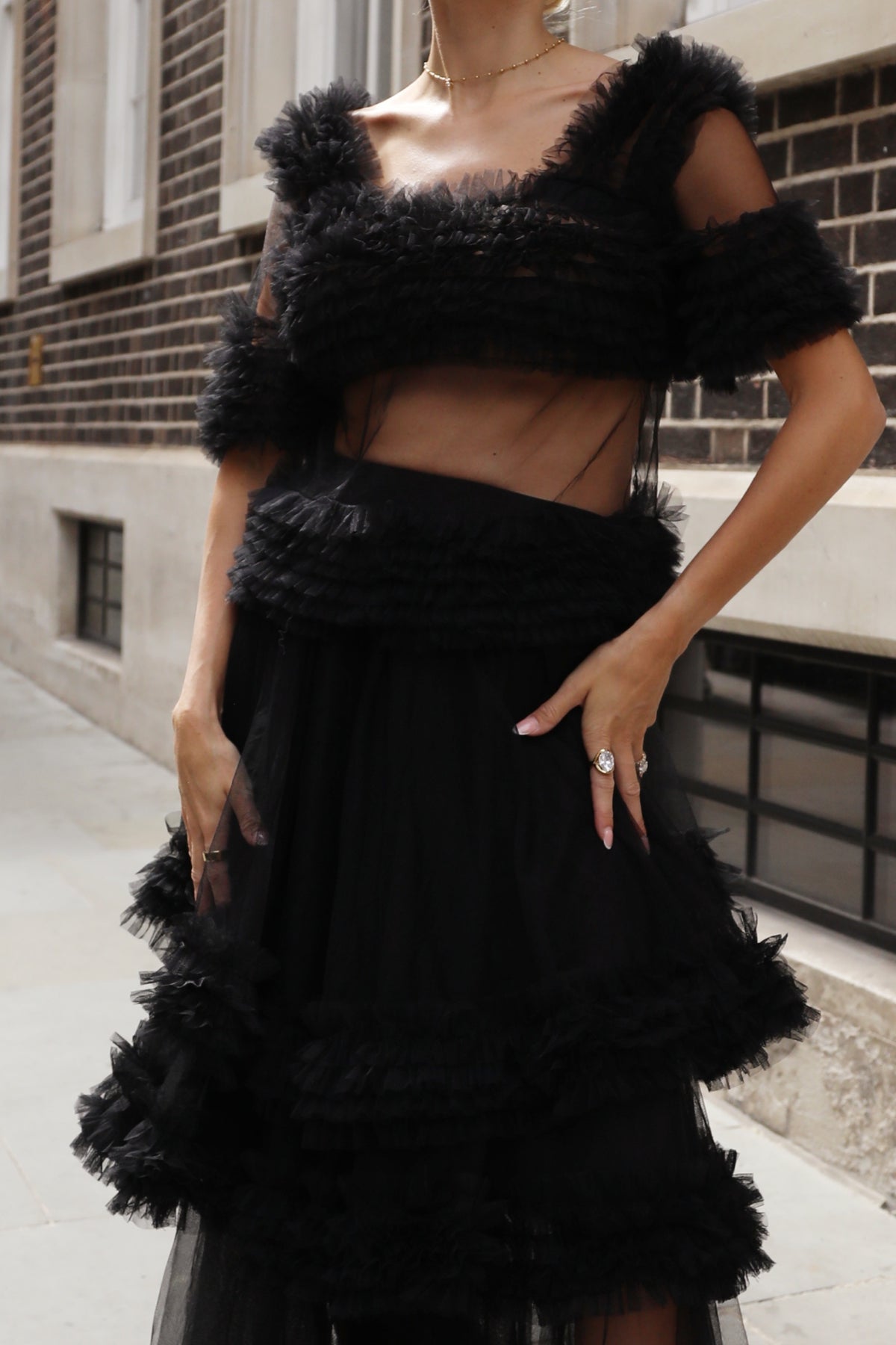Statement Ruffle Tulle Tiered Maxi Skirt in Black