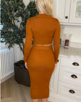Long sleeves top with buttons design and midi skirt co-ords suits in brown