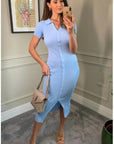 Soft cotton knit dress with collared and buttons down design in Blue