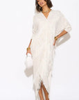 Layers Multi Fringed Tassel Pleated Midi Dress in White