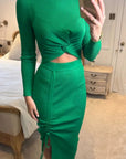 Long Sleeve Knit crop top with side lace up midi skirt co-ords in green