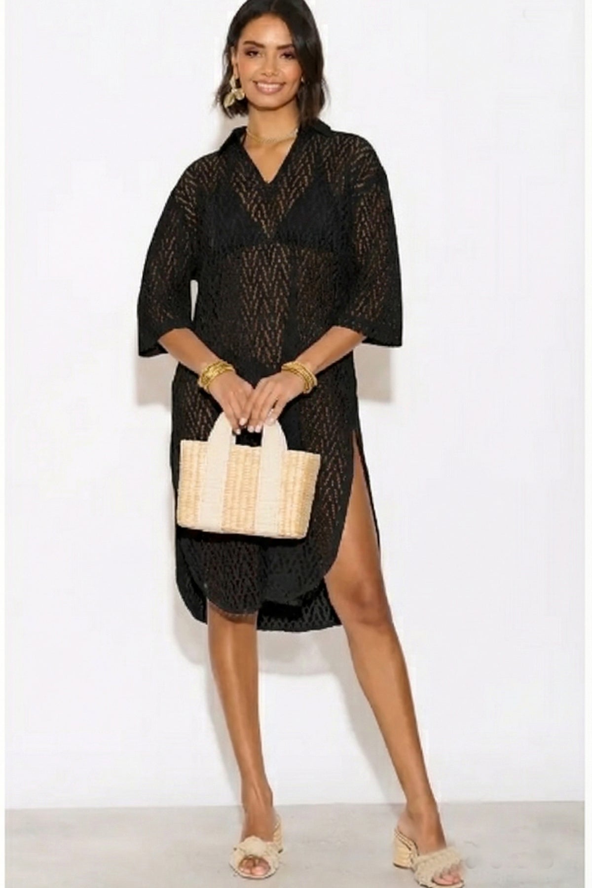 V pattern Lace kaftan dress in Black Holiday wear collection