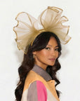 Large Wide Brim Bow Fascinator In Dark Gold