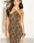 High-neck sleeveless metallic-knit with pattern print maxi dress in Gold