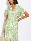 Multi Leaves' print Cotton Linen shirt dress short sleeves in Green