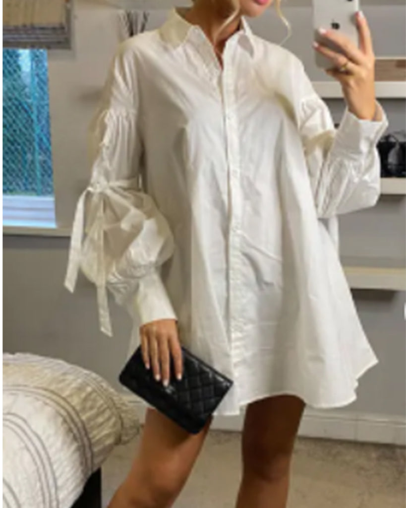 Oversized Ballon sleeves with tie up cotton blend shirt in white