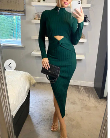 Soft Knitted Ribbed Midi Bodycon front OR back cut out design Dress In Green