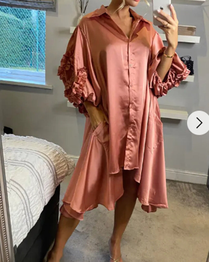 Floral design oversized sleeves shirt dress in Dusty Pink