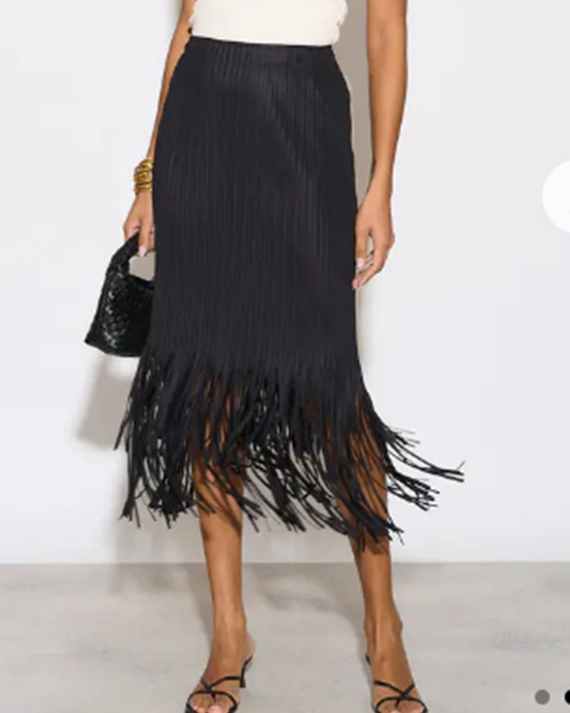 Pleated Midi Skirt with multi fringed tassel hem design in Black