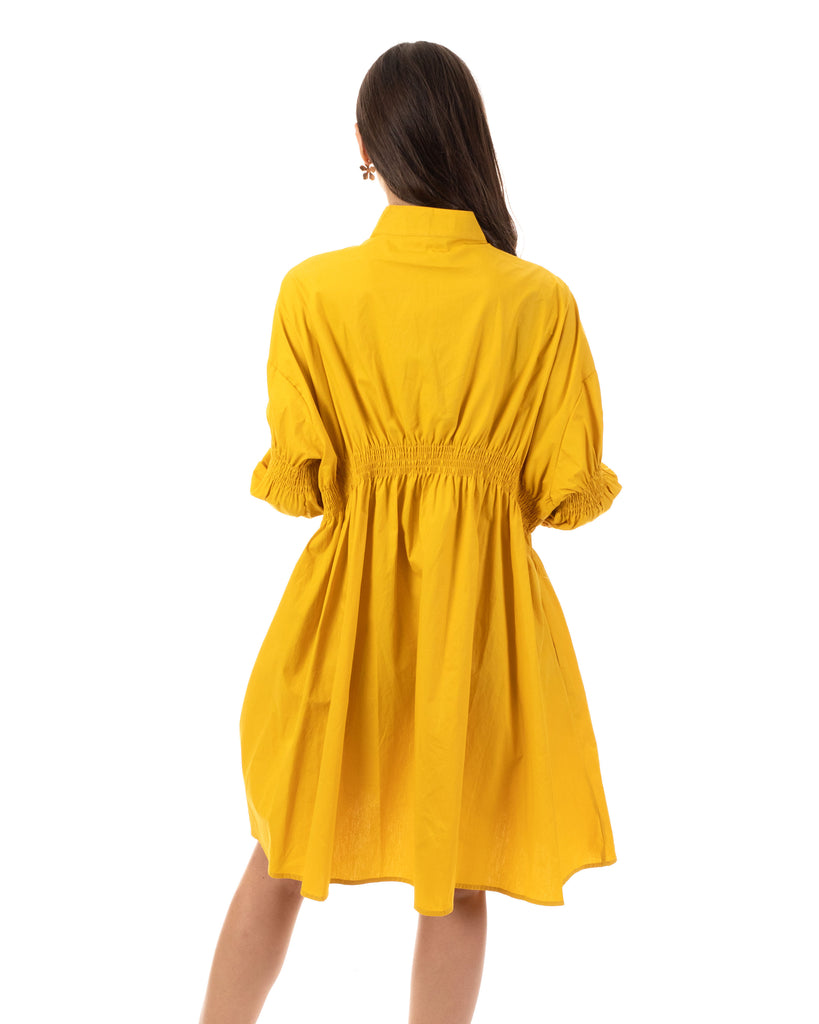 Asymmetry with Elasticated design cotton blend shirt dress in Yellow