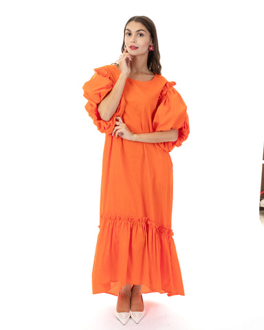 Oversized Puff Sleeves ruffle hem design Maxi dress in ORANGE