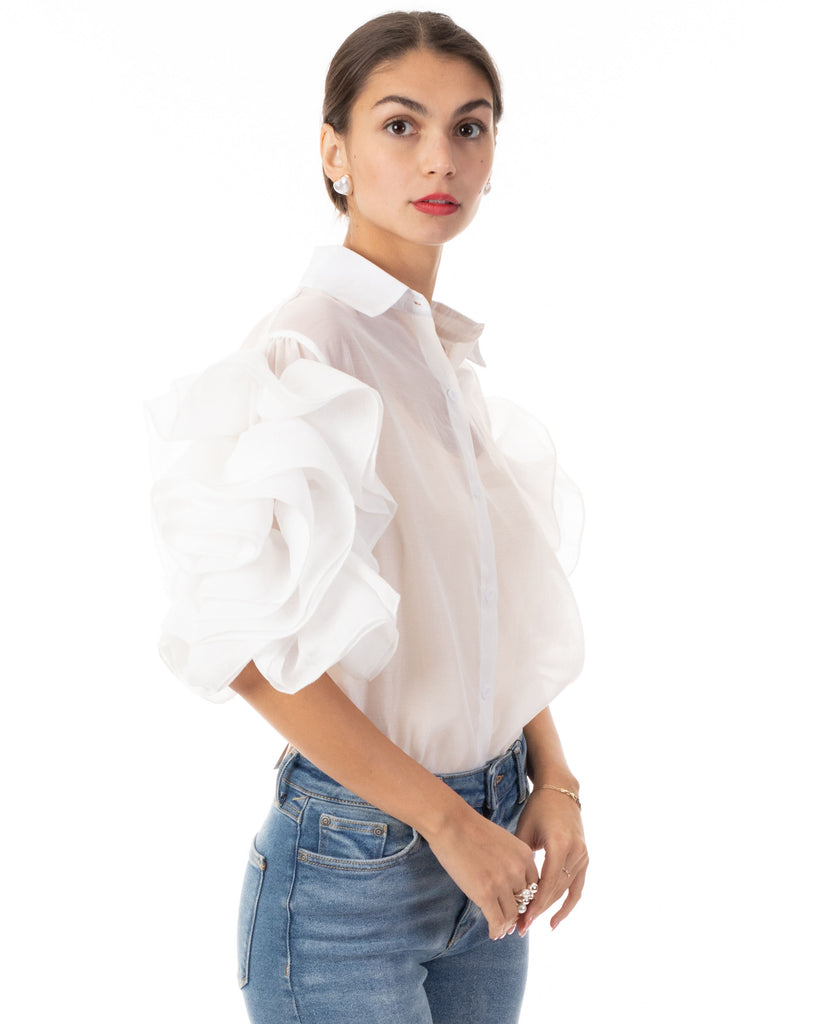 Double Layered Ruffles statements sleeves shirt top in White