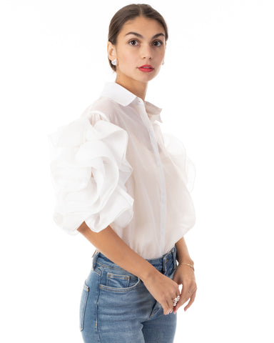 Double Layered Ruffles statements sleeves shirt top in White