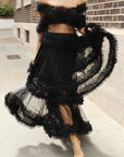 Statement Ruffle Tulle Tiered Maxi Skirt in Black
