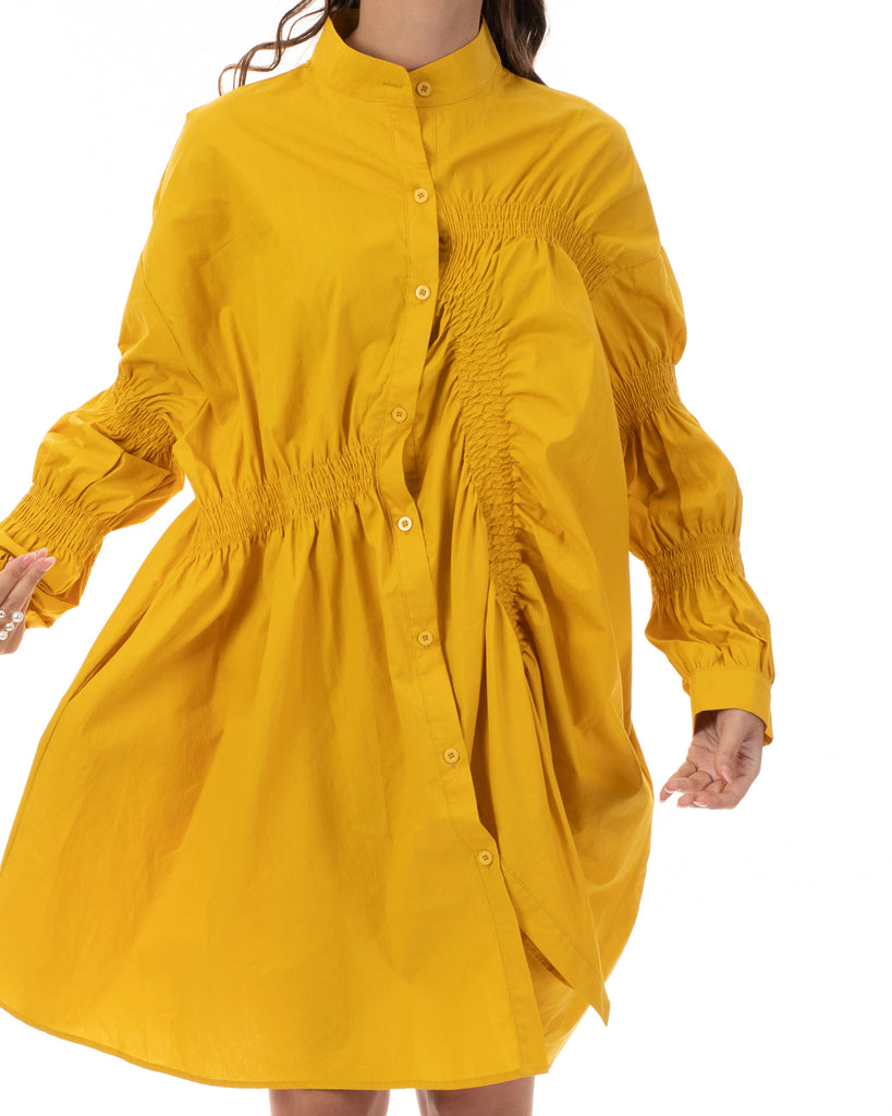 Asymmetry with Elasticated design cotton blend shirt dress in Yellow