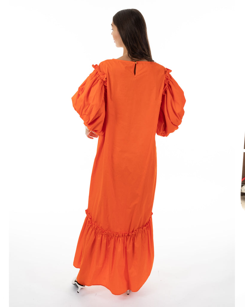 Oversized Puff Sleeves ruffle hem design Maxi dress in ORANGE