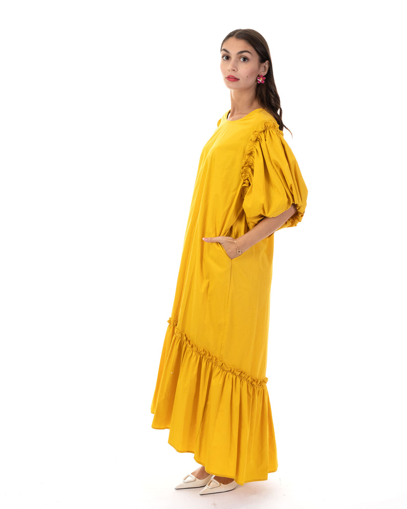 Oversized Puff Sleeves ruffle hem design Maxi dress in Yellow