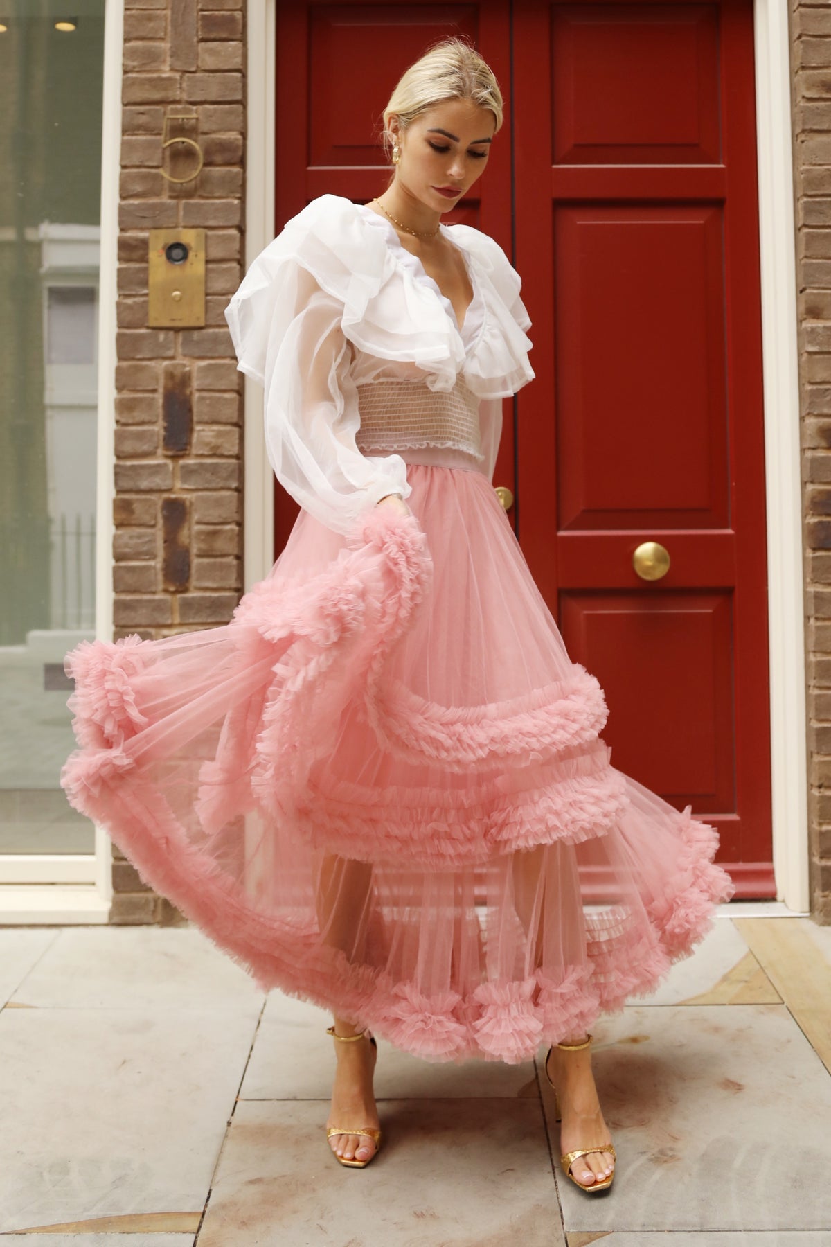 Statement Ruffle Tulle Tiered Maxi Skirt in Pink