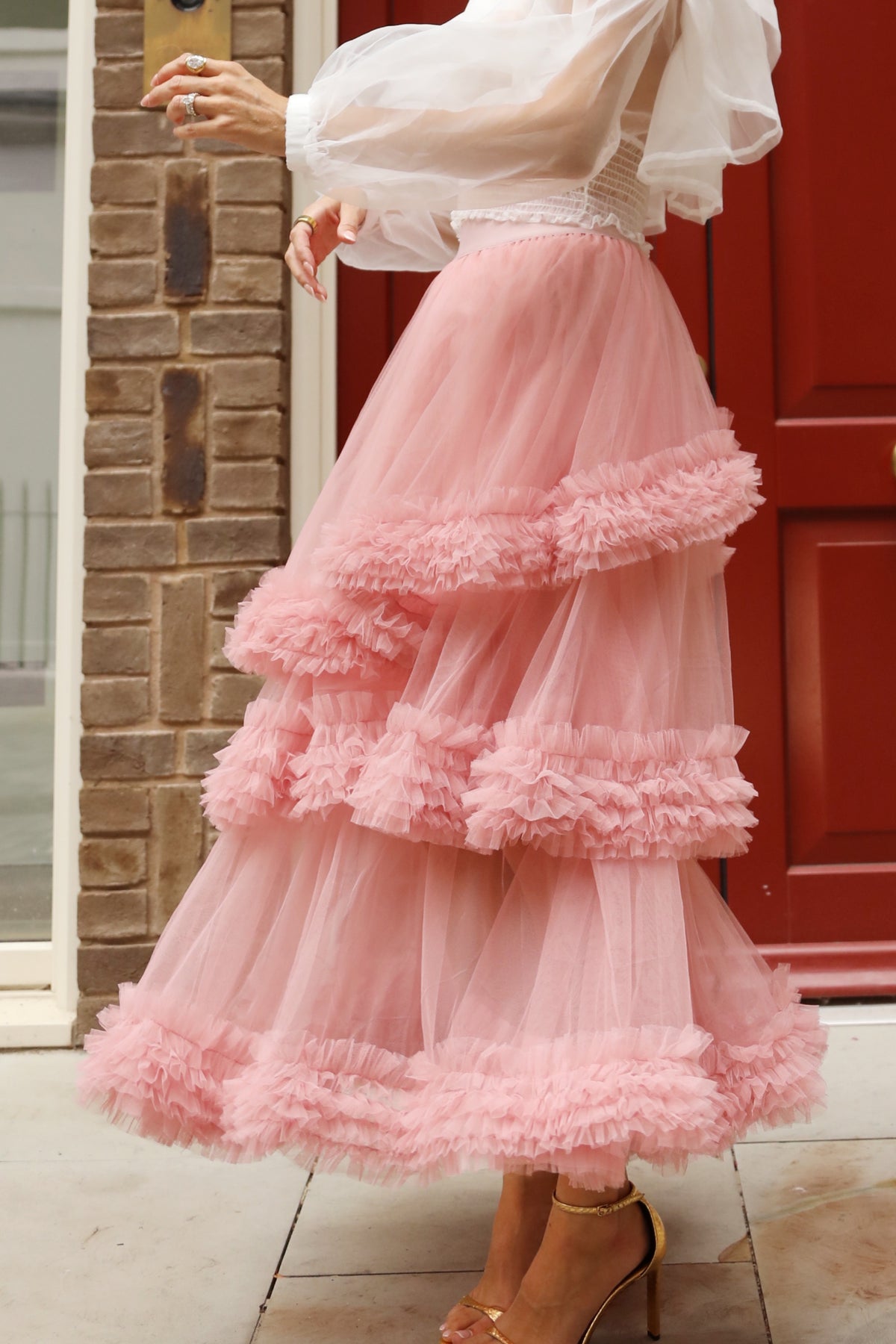 Statement Ruffle Tulle Tiered Maxi Skirt in Pink