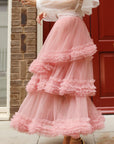 Statement Ruffle Tulle Tiered Maxi Skirt in Pink