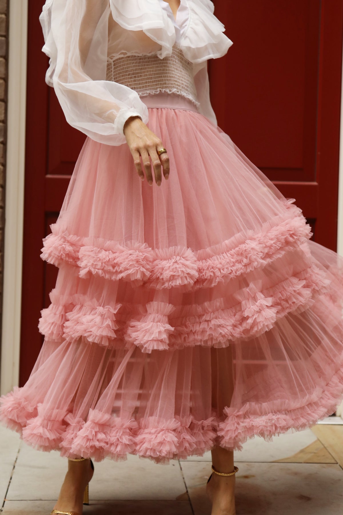 Statement Ruffle Tulle Tiered Maxi Skirt in Pink