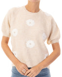 Floral Pattern Embroidered Soft knit Short Sleeves Jumper in Beige