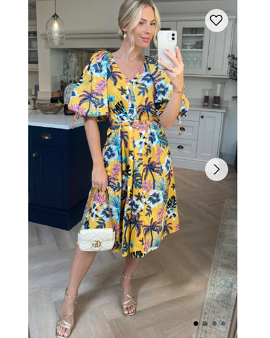 Oversized puff sleeve midi dress in COCONUT TREE Print