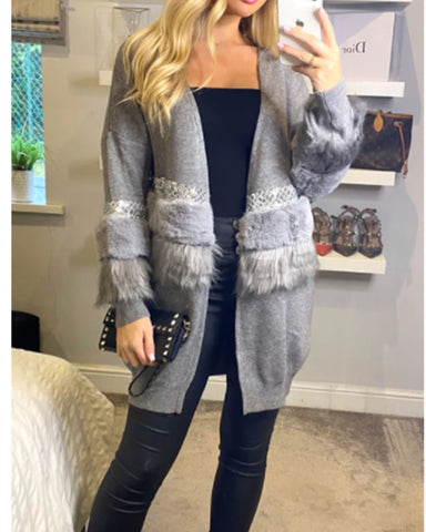 faux fur embllished with sequin design oversized cardigan in grey