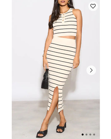 Knitted stripe print vest top and midi skirt co-ords set in beige