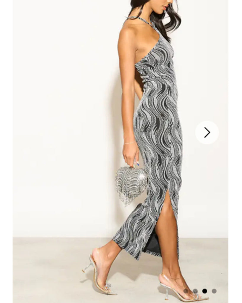 High-neck sleeveless metallic-knit with pattern print maxi dress in Sliver