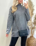 Oversized jumper with faux pearl embellishment in grey