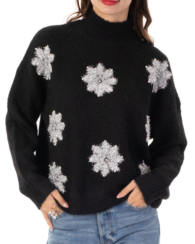 Metallic and Peals embellished snowflake pattern Soft knit Jumper in Black