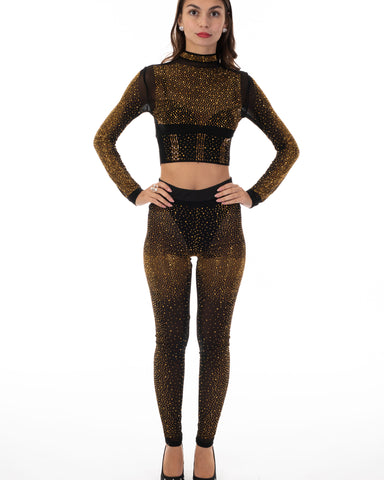 Multi Diamond Embellished Crop Top and Leggings Co-ords