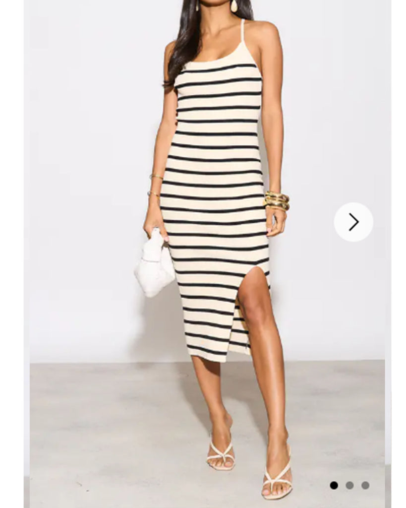 Knitted stripe print with straps design midi bodycon dress in cream