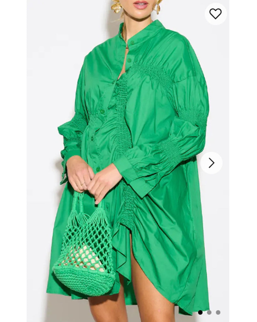 Asymmetry with Elasticated design cotton blend shirt dress in Green