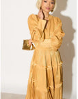 Silky feeling organza midi dress with ruffle design on sleeves and skirt hem