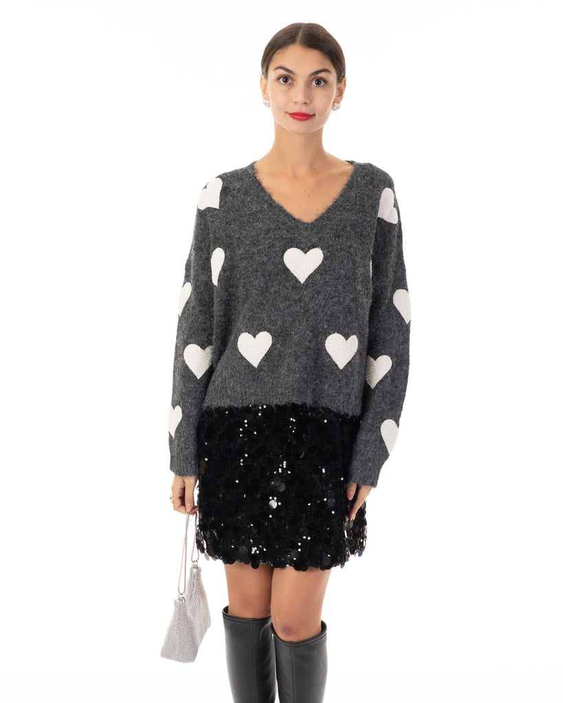 Brushed texture Love Heart Jacquard Pattern Embroidered Jumper in Grey