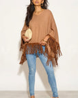 Camel color Knitted Shawl with Faux Leather Fringed