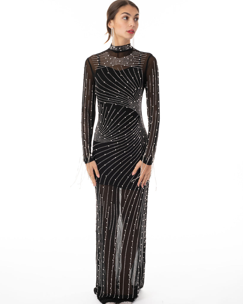 Multi Diamond and Pearls Embellished with Chain drop long sleeves dress in black