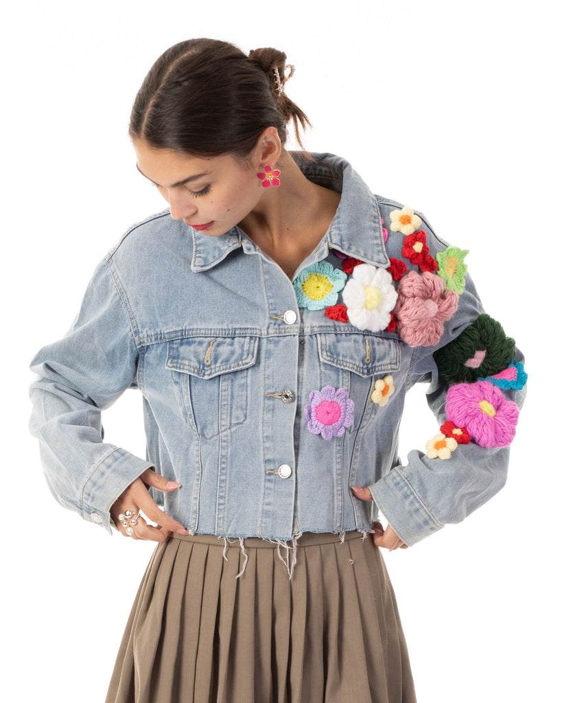 Handknit Floral Patten Demin Jacket in short Length