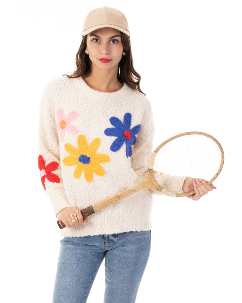 Floral Pattern Embroidered Soft knit Long Sleeves Jumper in cream