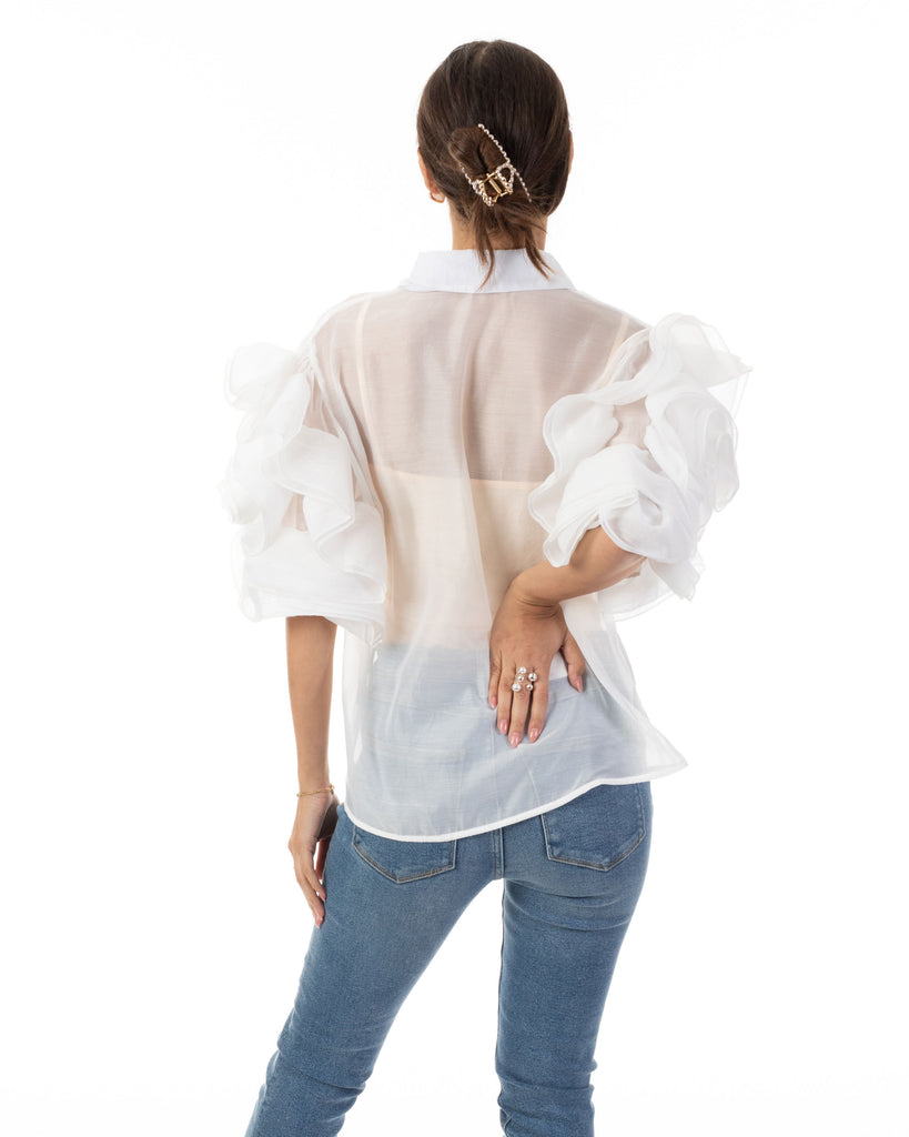 Double Layered Ruffles statements sleeves shirt top in White