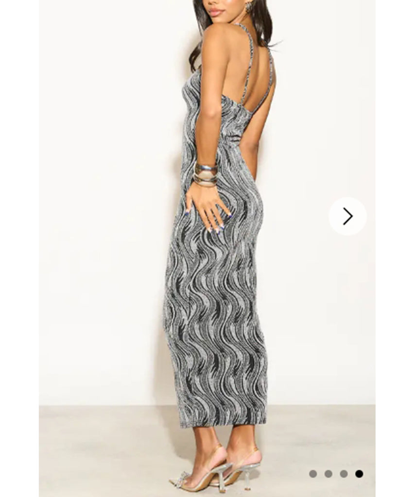 High-neck sleeveless metallic-knit with pattern print maxi dress in Sliver