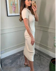 Soft cotton knit dress with collared and buttons down design in Cream Beige
