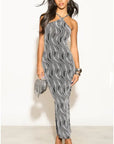 High-neck sleeveless metallic-knit with pattern print maxi dress in Sliver