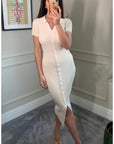 Soft cotton knit dress with collared and buttons down design in Cream Beige