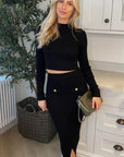 Long sleeves top with buttons design and midi skirt co-ords suits in black