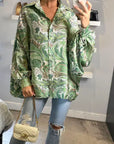 Oversized Long Sleeve Shirt in Green Paisley Scarf print
