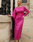 Pleated Maxi Dress with Statement Belt In Fuchsia Pink